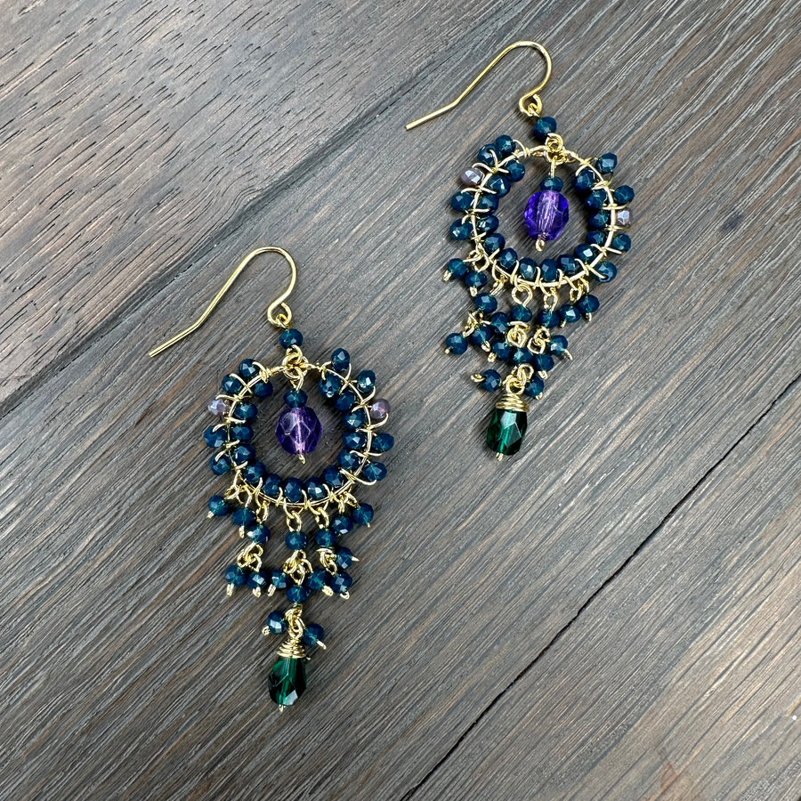 Beaded chandelier earrings - gold tone