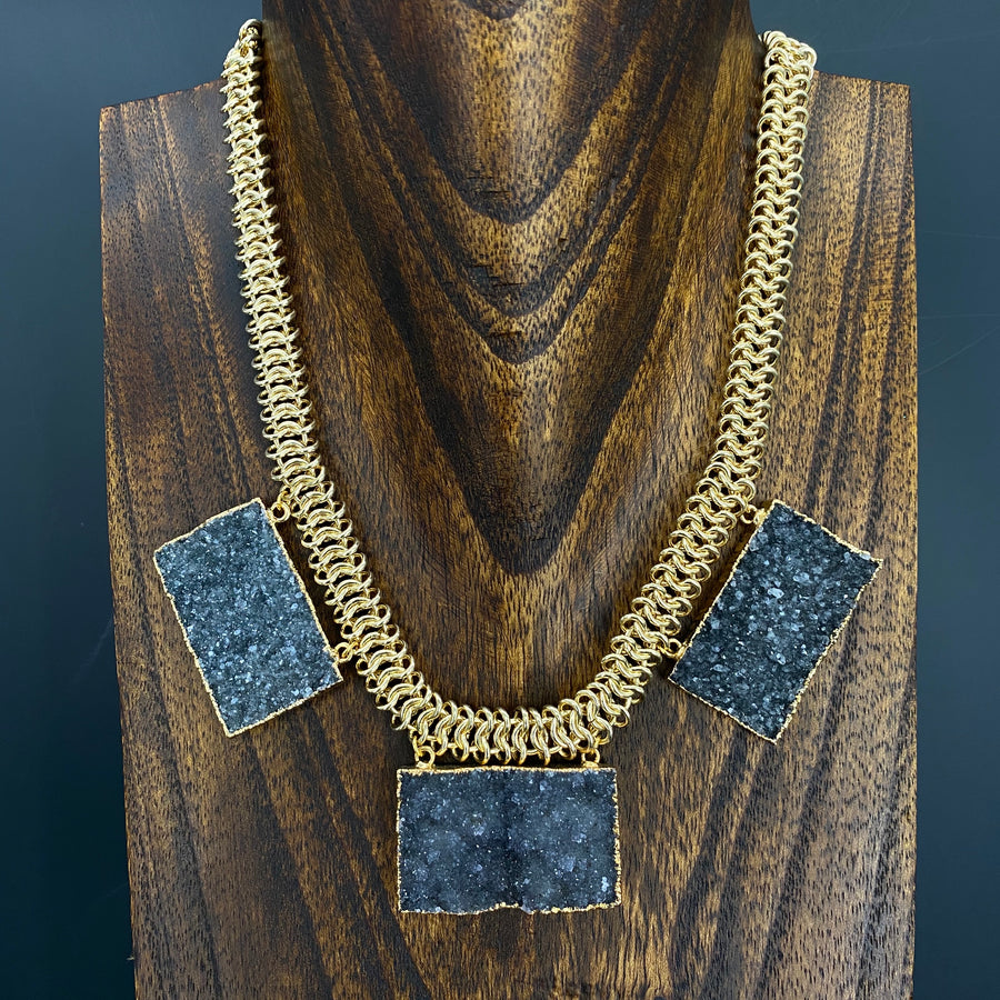 Triple druzy bar necklace - gold