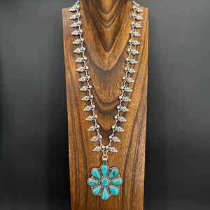 Large nine stone turquoise long statement necklace - silver tone