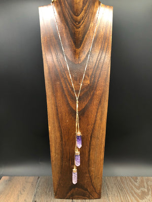 Amethyst crackle quartz “Waterfall” lariat necklace - gold