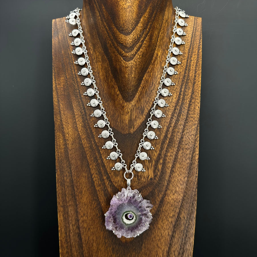 Amethyst stalactite flower necklace with inset amethyst - silver tone