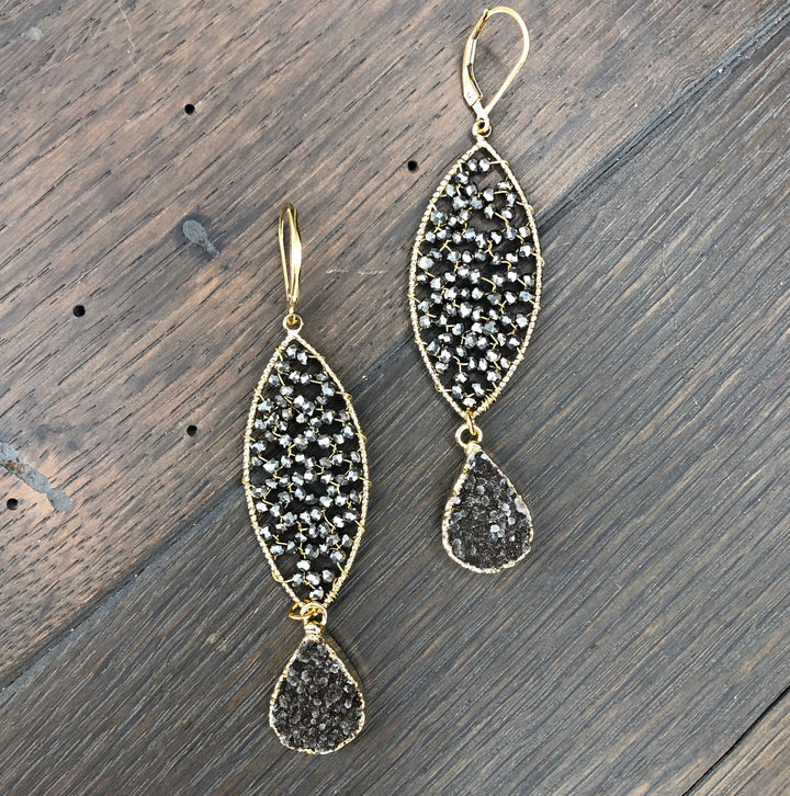 Hematite disc mixed metallic druzy earrings