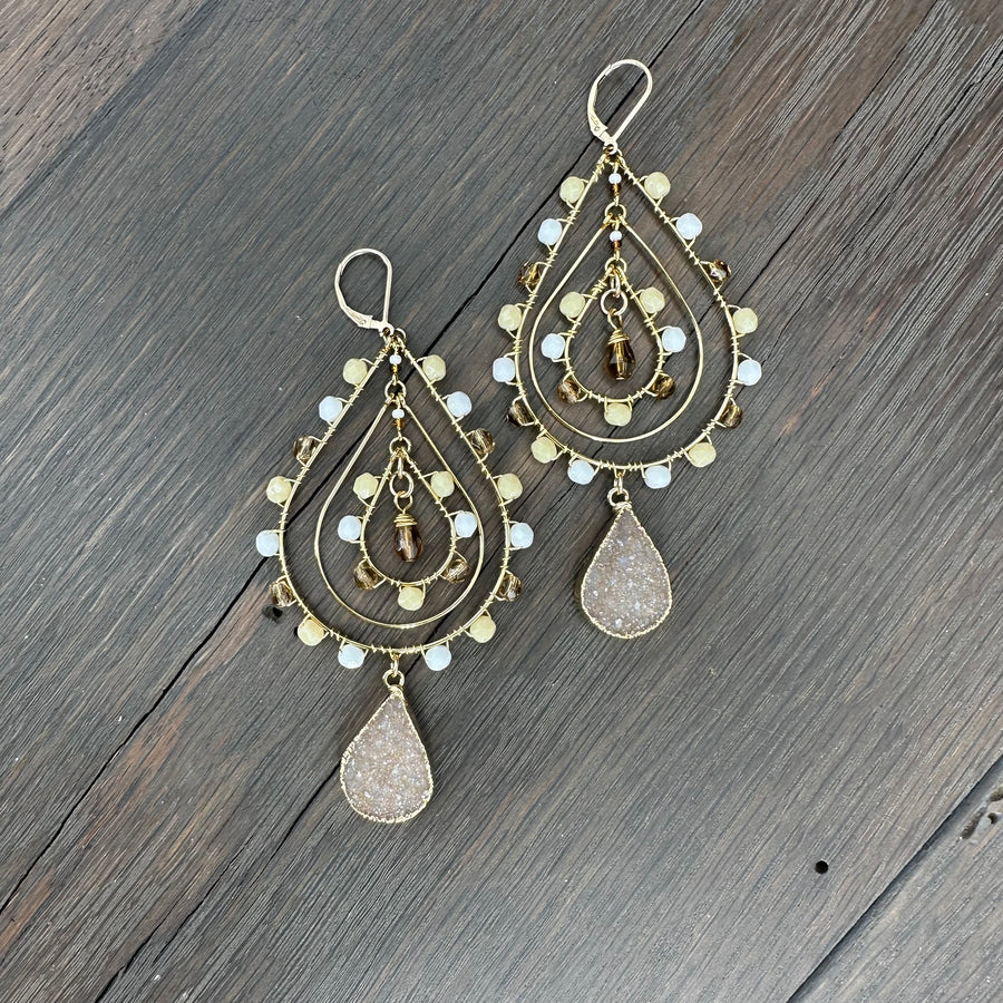 Double teardrop hoop earrings with druzy drops - gold tone