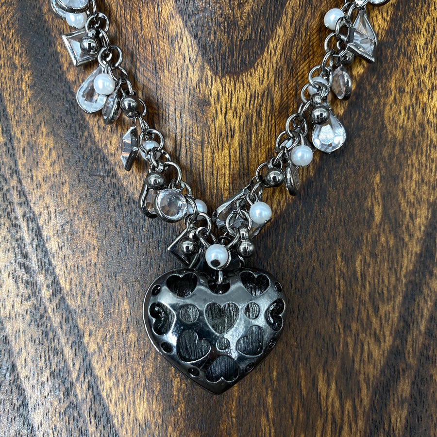 Reversible charm style pavé black puff heart necklace - gunmetal