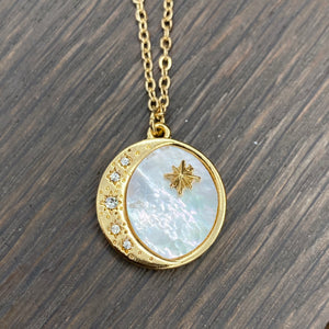 Summer sky Crescent moon and star mother-of-pearl coin necklace - silver, gold