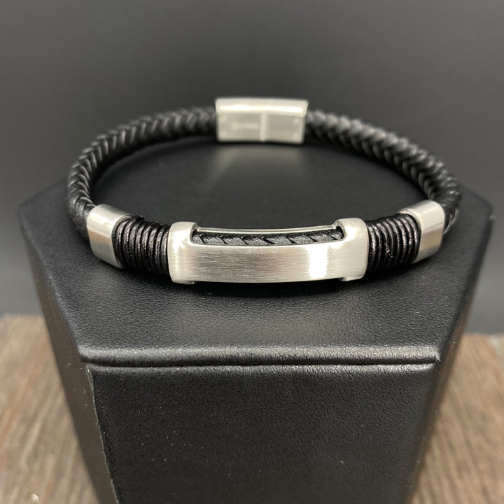 Braided vegan leather “H” accent bracelet - brushed silver