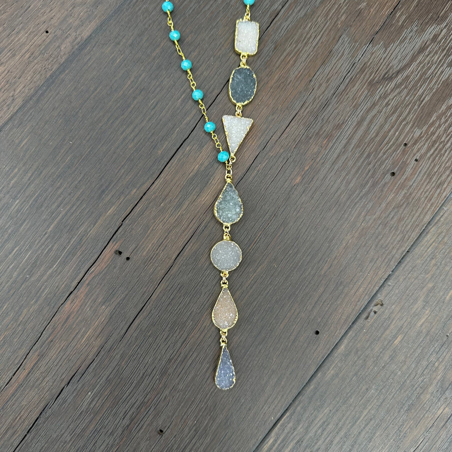 Asymmetrical teal beaded druzy necklace - gold