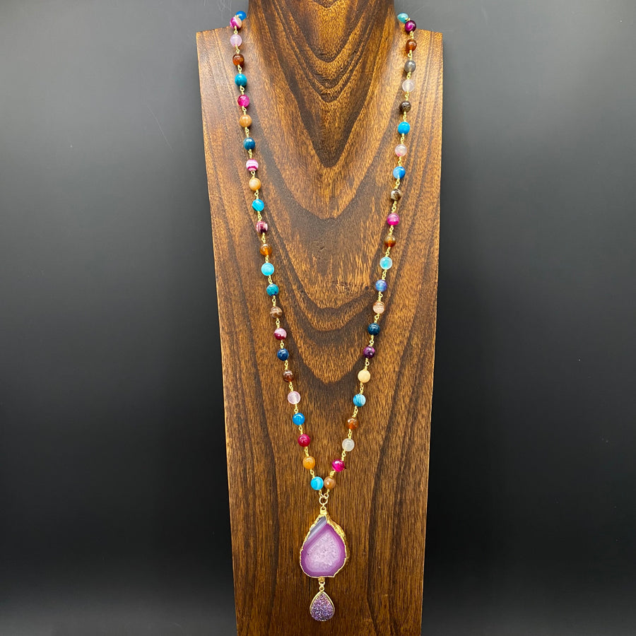 Multi agate beaded necklace with agate and druzy drop - gold