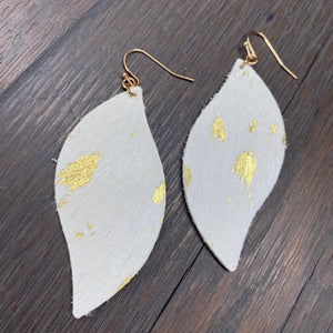 Leather faux pony hair and metallic leaf earrings - silver, gold