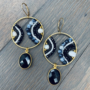 Beaded “Paisley” disc earrings with stone drops - gold