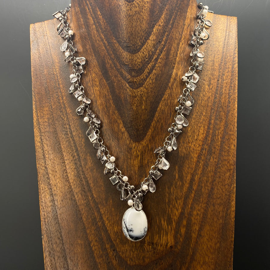 Dendritic opal charm style necklace - gunmetal