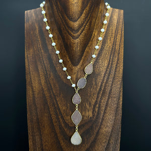 Asymmetrical white beaded druzy necklace - gold
