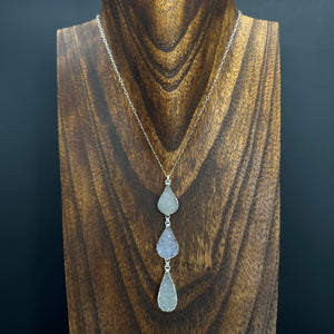 Triple druzy teardrop drop necklace in gray, sage - silver