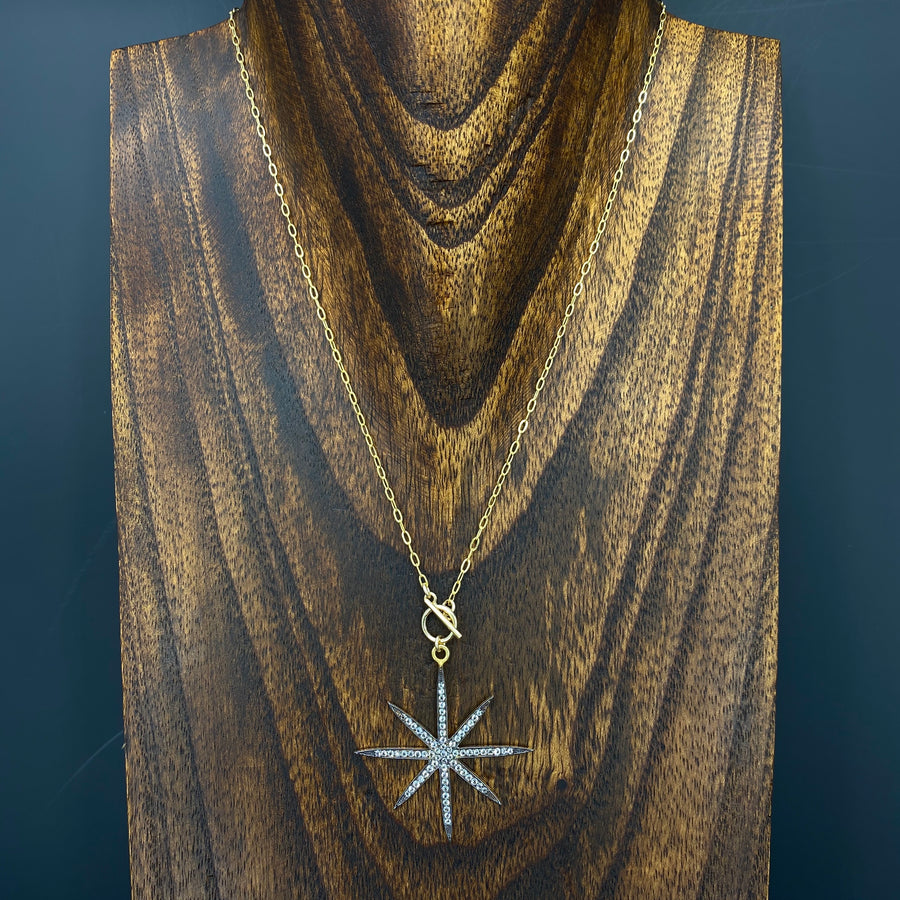 Pavé cz star “Tiny toggle” wrap and toggle necklace - gunmetal and gold