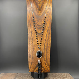 Black onyx and black spinel crystal tassel necklace - silver