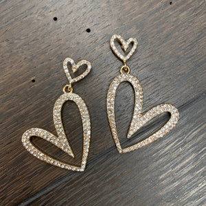 Stylized pavé double heart earring - silver, gold