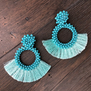 Seed bead and tassel statement earring