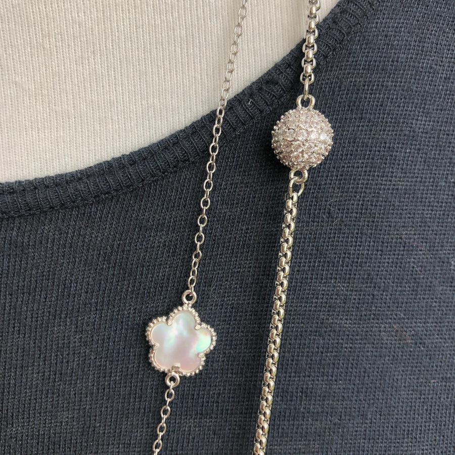 Mother of pearl flower and pavé cz ball double strand necklace