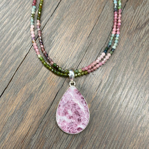 Watermelon tourmaline and lepidolite necklace - sterling silver