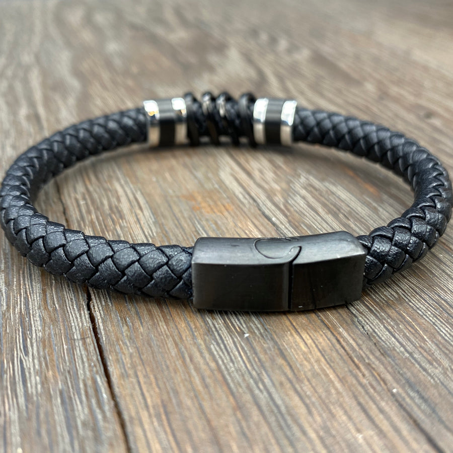 Vegan leather braided bracelet - silver and gunmetal