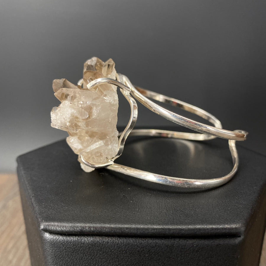 Smoky quartz cluster cuff bracelet - silver, gold