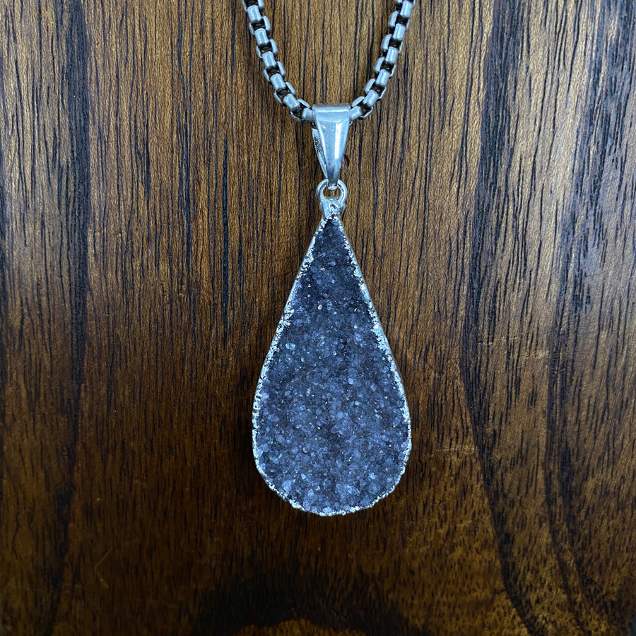 Druzy pendant on box chain - antique silver