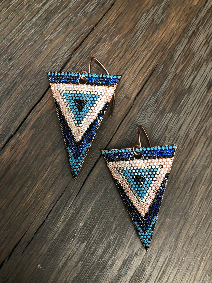 Pavé colored cz chevron print triangle earrings
