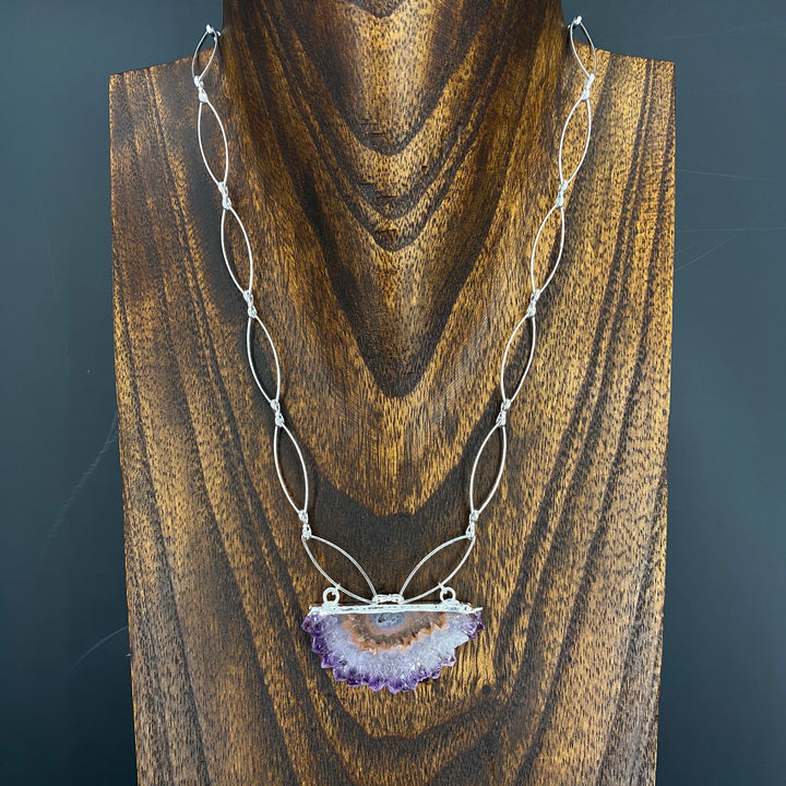 Amethyst/jasper stalactite half metal marquis necklace - silver
