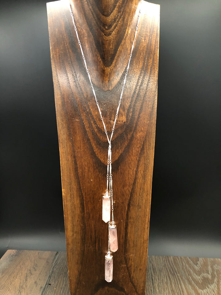 Rose quartz “waterfall” lariat necklace - silver, gold