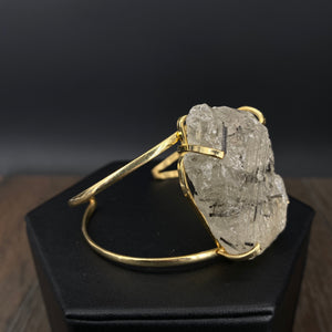 Tourmalated quartz cluster cuff bracelet - gold