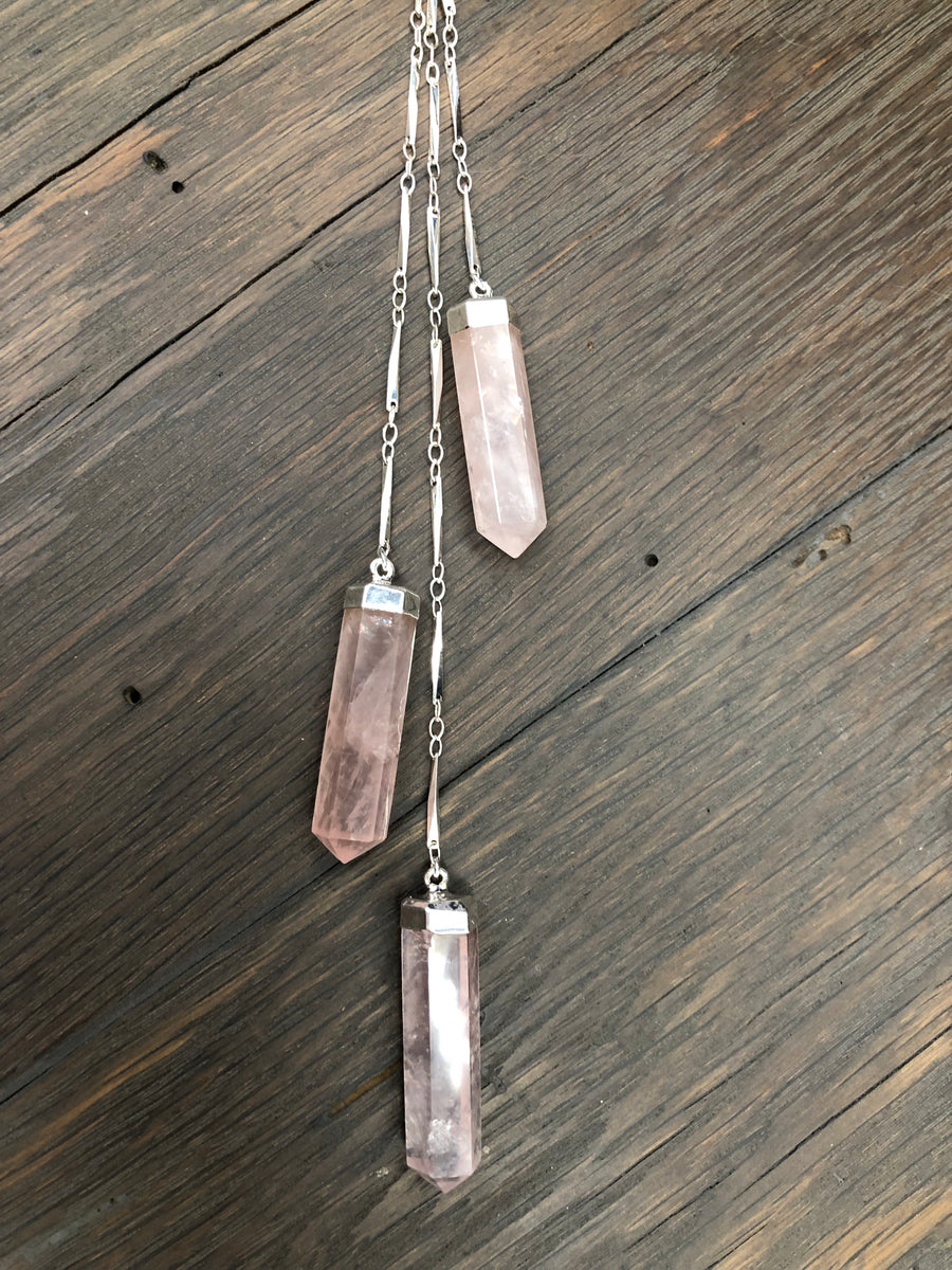 Rose quartz “waterfall” lariat necklace - silver, gold