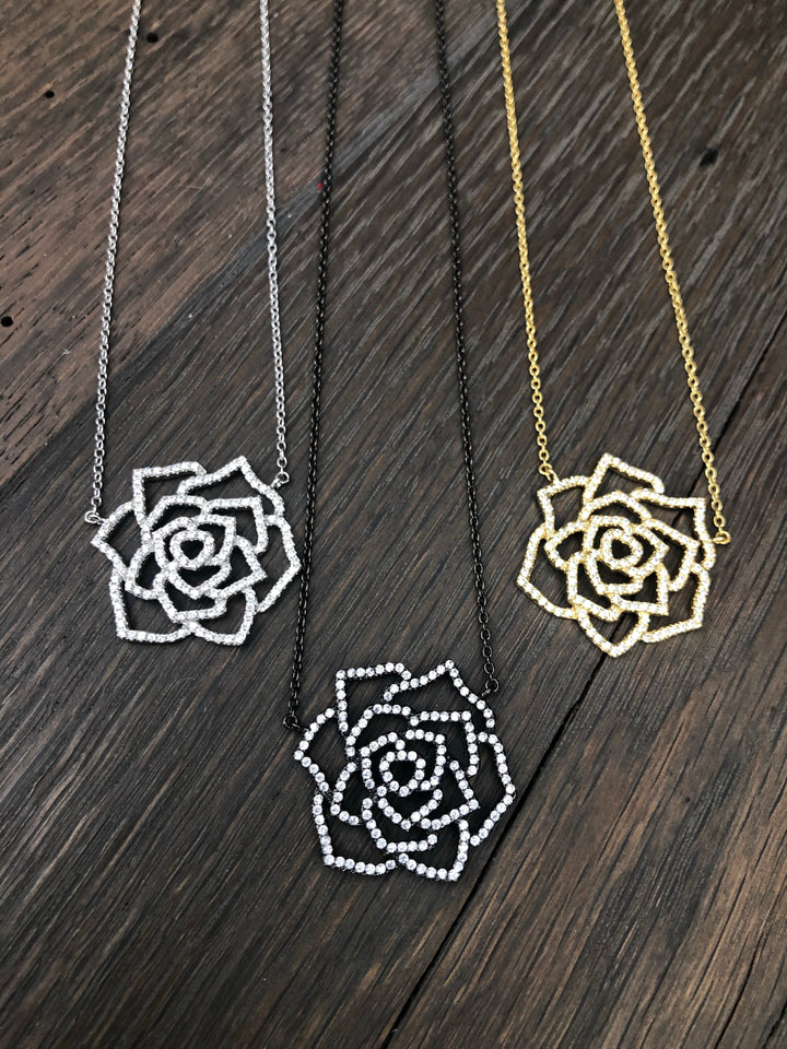 Pavé cz Camellia flower necklace