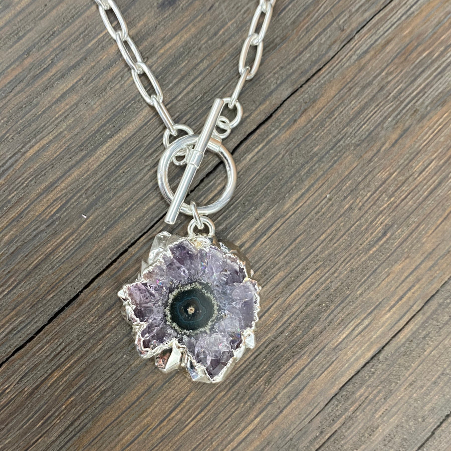 “Tiny toggle” wrap and toggle small amethyst stalactite slice necklace - silver