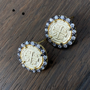 Small cross coin stud earrings - brushed gold and gunmetal