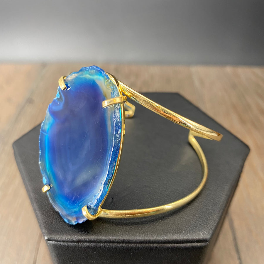 Dark denim blue agate slice cuff bracelet - gold