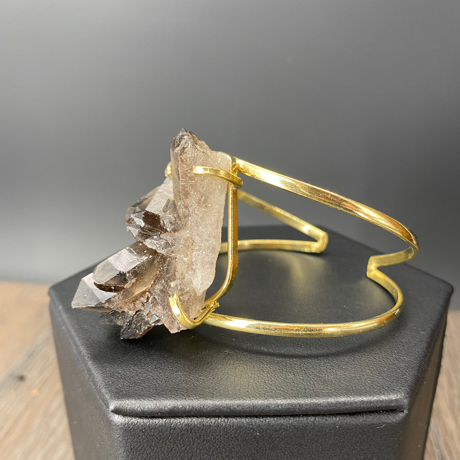 Smoky quartz cluster cuff bracelet - silver, gold