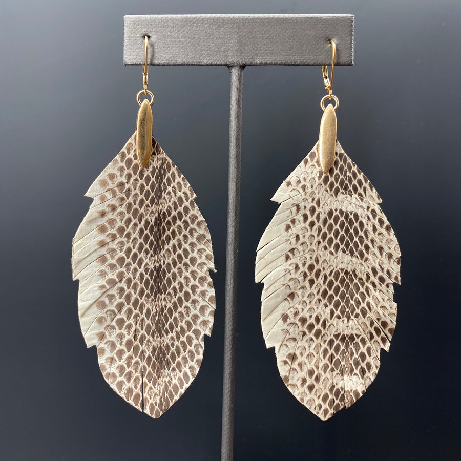Faux snakeskin leather leaf earrings - brushed gold