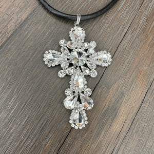 Rhinestone cross pendant on leather cord - silver, gold