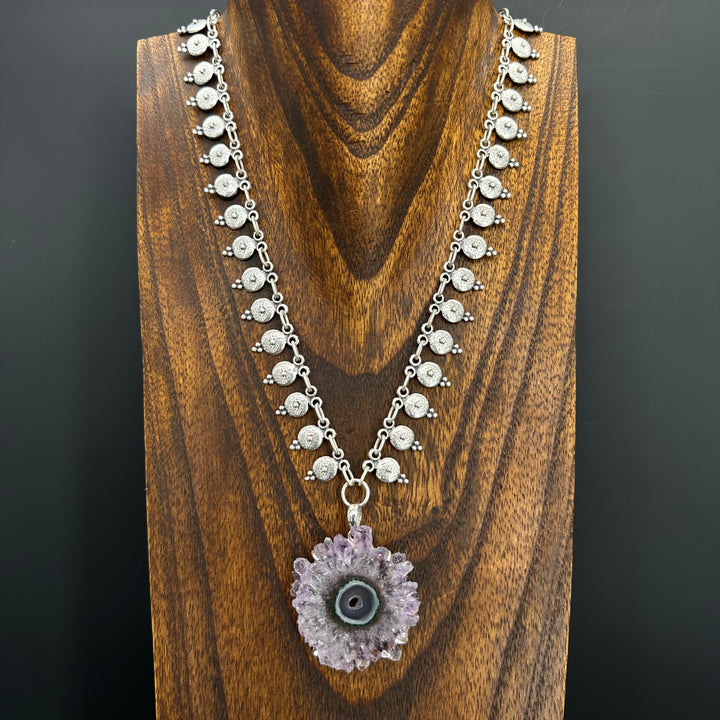 Amethyst stalactite flower pendant necklace - silver tone