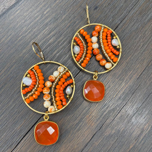 Beaded “Paisley” disc earrings with stone drops - gold