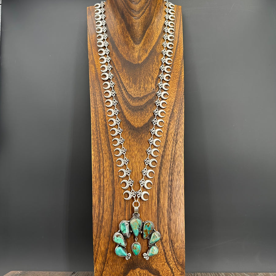 Long seven stone turquoise statement necklace - silver tone
