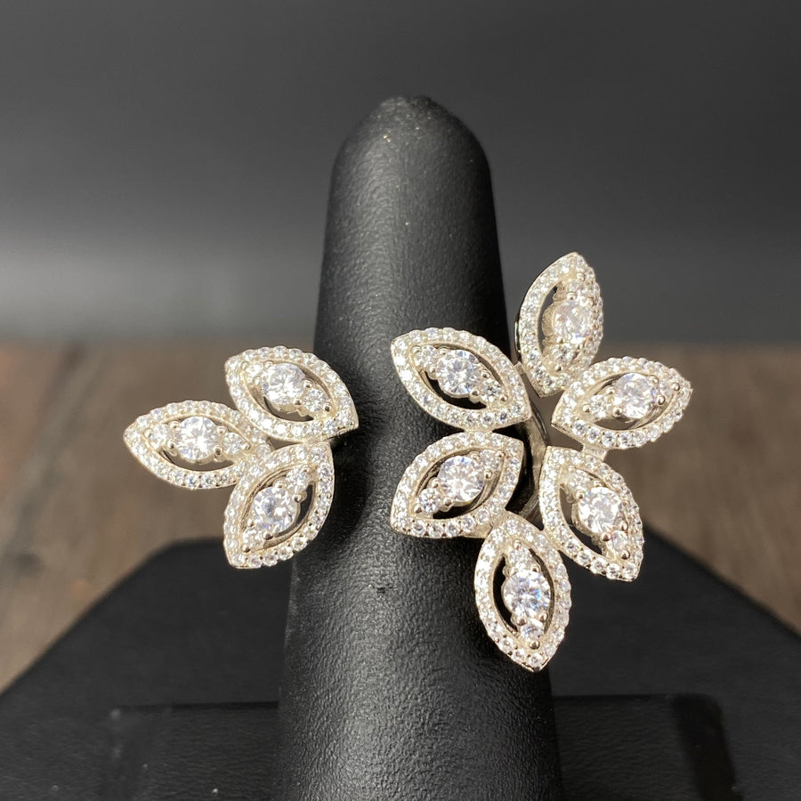 Marquis cz with halos open top petal ring - sterling and gold