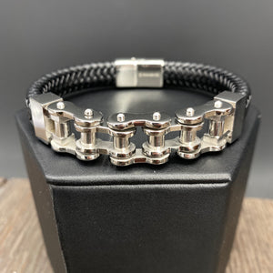 Men's “Bicycle chain” and vegan leather bracelet - chrome