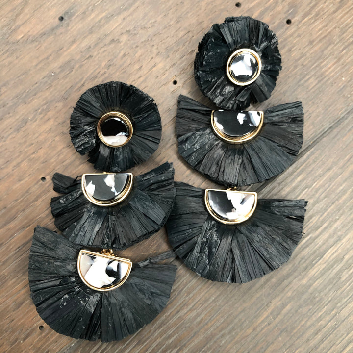 Raffia and acetate triple fan earrings