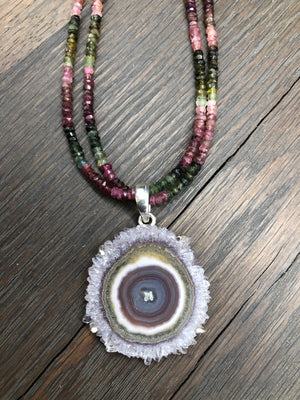 Watermelon tourmaline and amethyst stalactite slice necklace