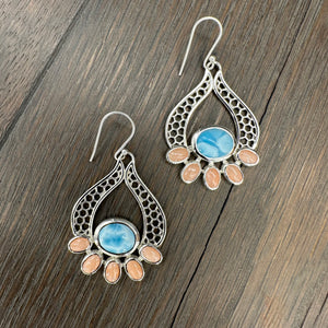 Larimar and Coral fan earrings - sterling silver