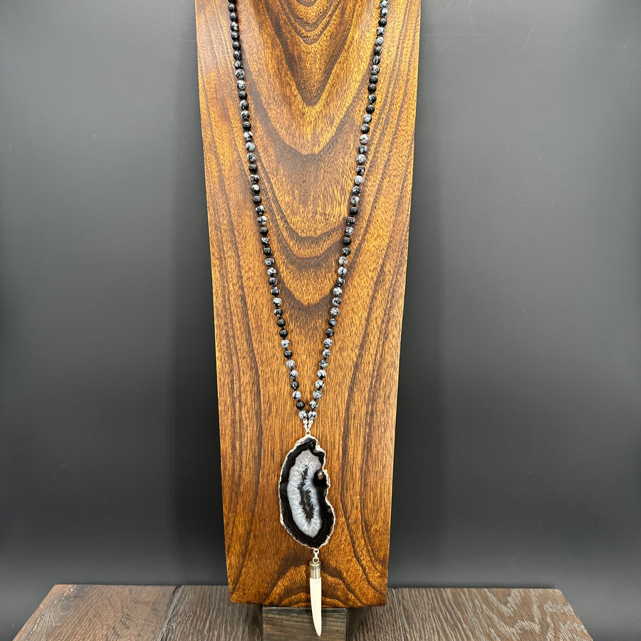 Hand knotted jasper and tiger's eye necklaces with agate + bone horn - silver