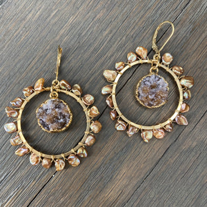 Freshwater keshi pearl hoop earrings with druzy drops