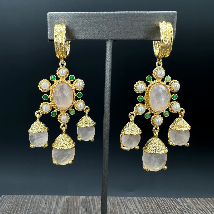 Faceted gemstone drop, textured statement earring - gold tone