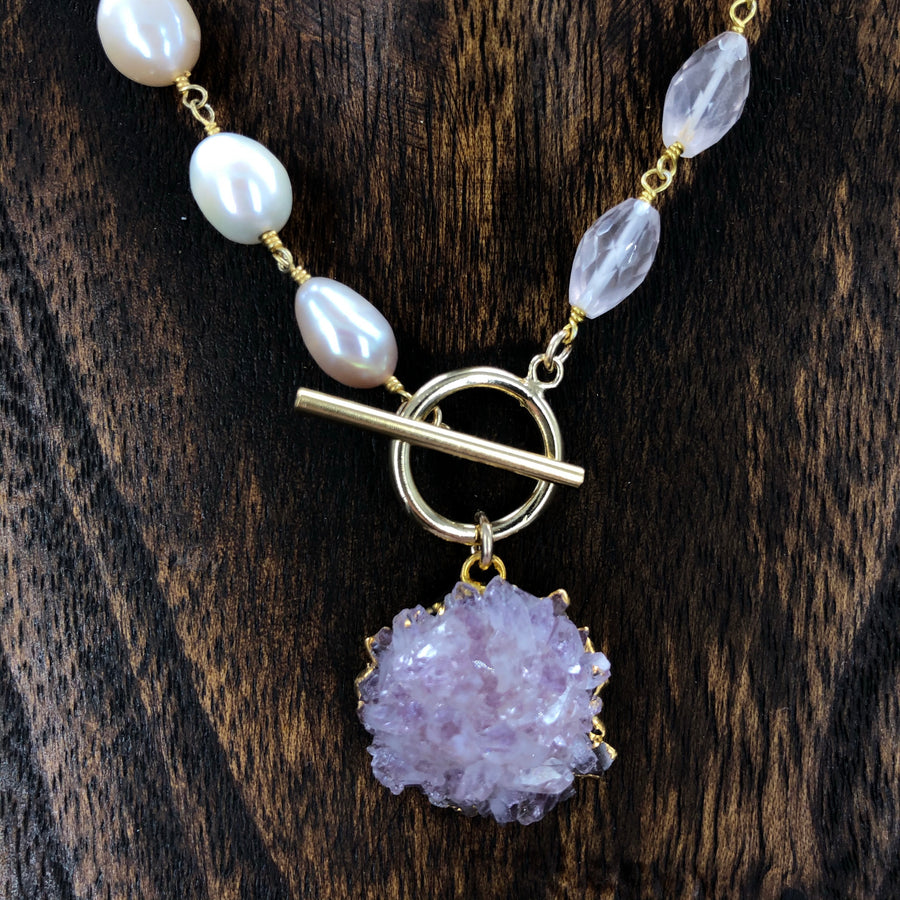 Wrap and toggle pearl and rose quartz necklace
